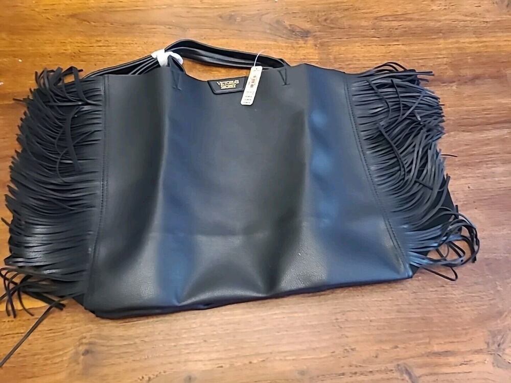Victoria Secret Black Faux Leather Flirty Fringe Tote Bag • New with Tag